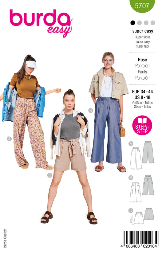 Burda Schnittmuster 5707 – Damen Marlene-Hosen mit Gummibund (3 Varianten)