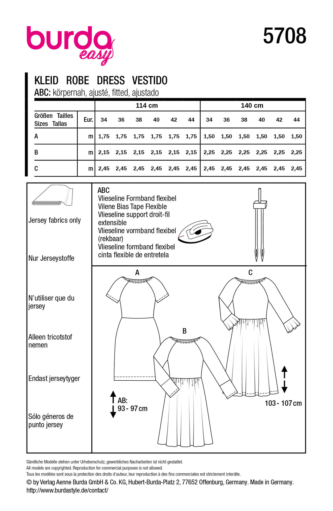 Burda Schnittmuster 5708 – Damen Jerseykleider in drei easy Varianten