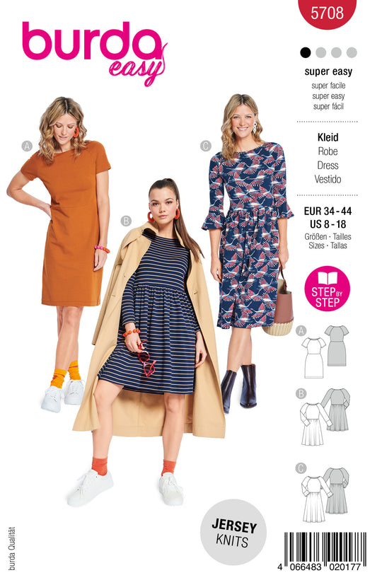 Burda Schnittmuster 5708 – Damen Jerseykleider in drei easy Varianten