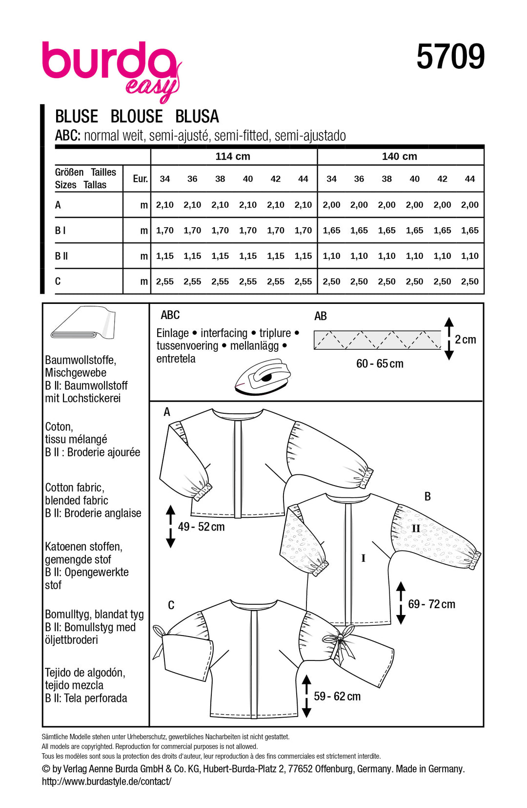 Burda Schnittmuster 5709 – Damen Langarmblusen in drei Varianten (Burda Easy)