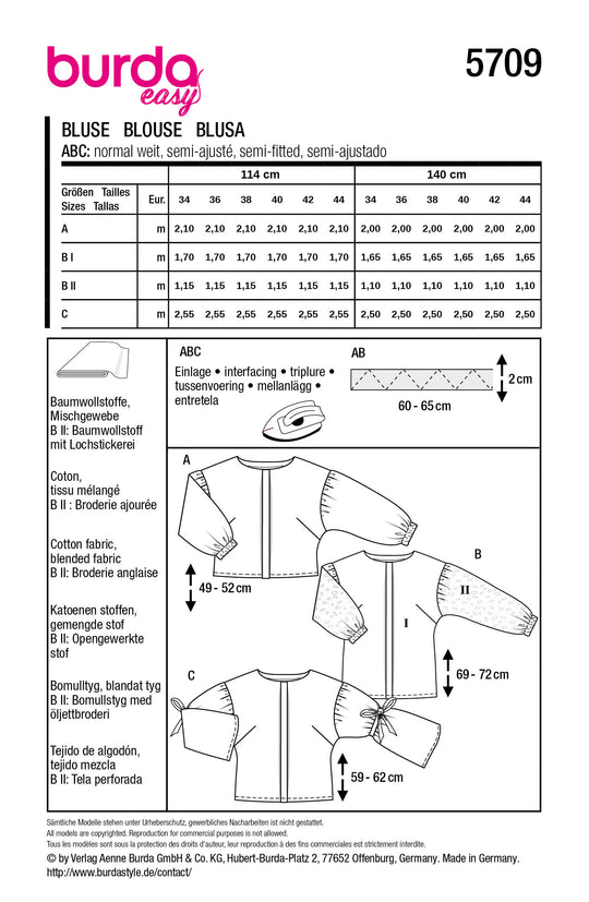 Burda Schnittmuster 5709 – Damen Langarmblusen in drei Varianten (Burda Easy)
