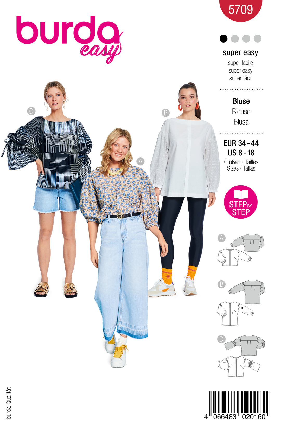 Burda Schnittmuster 5709 – Damen Langarmblusen in drei Varianten (Burda Easy)