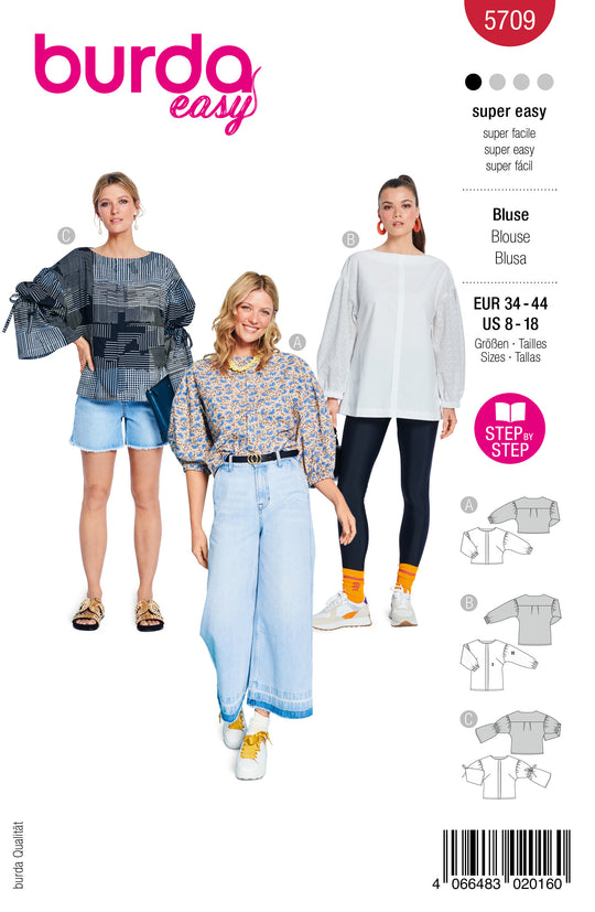 Burda Schnittmuster 5709 – Damen Langarmblusen in drei Varianten (Burda Easy)