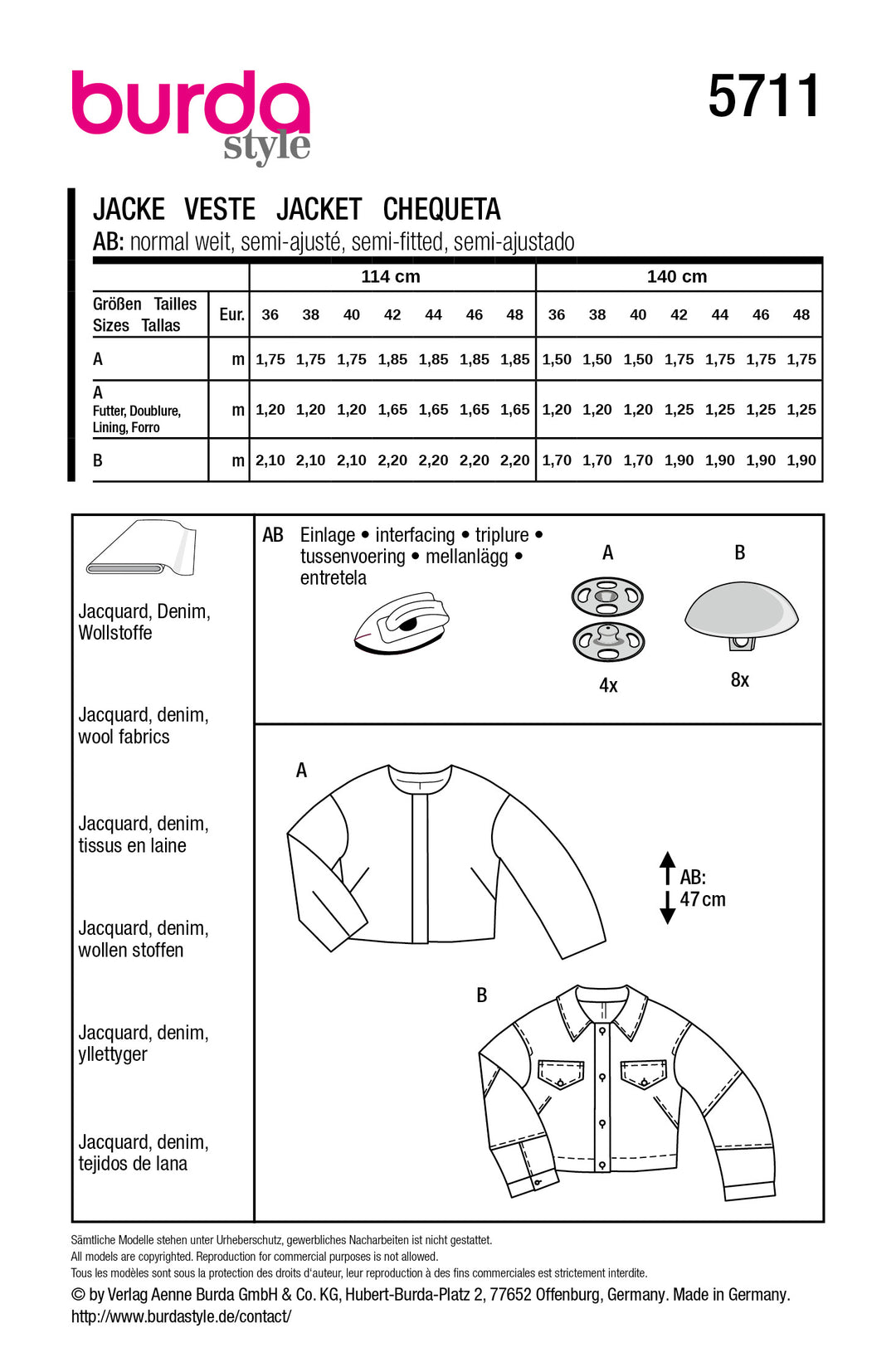 Burda Schnittmuster 5711 – Damen kurze Jacken mit Statement-Details