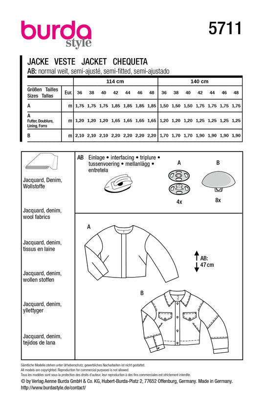 Burda Schnittmuster 5711 – Damen kurze Jacken mit Statement-Details