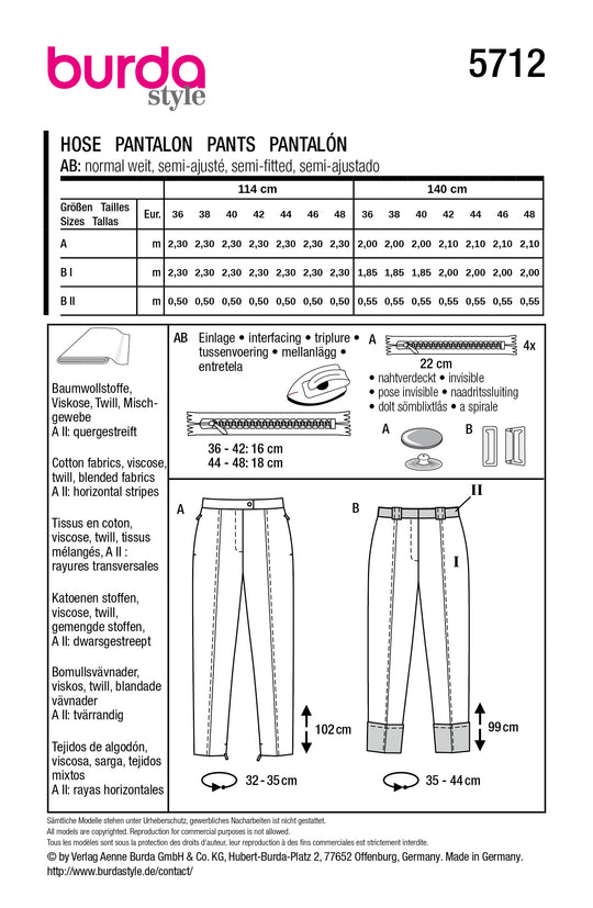 Burda Schnittmuster 5712 – Elegante Damenhosen mit hohem Bund