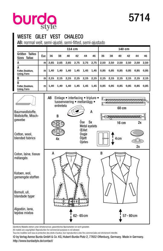 Burda Schnittmuster 5714 – Damen Westen mit Taschen & markanten Details