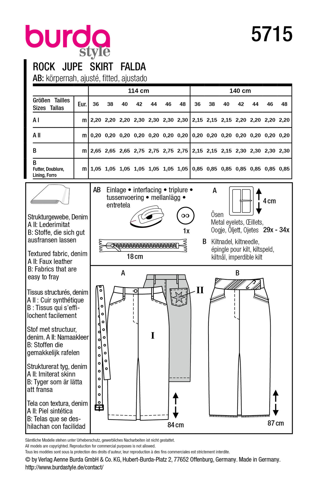 Burda Schnittmuster 5715 – Damen Denimröcke mit Schlitz & Statement-Details