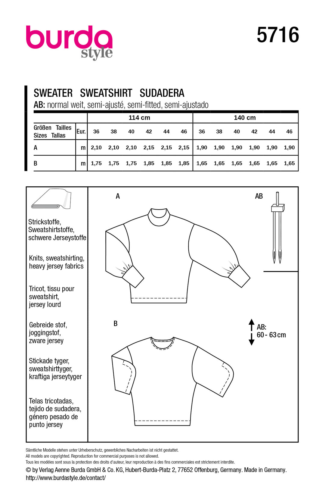 Burda Schnittmuster 5716 – Damen Sweatshirts mit Statement-Ärmeln & weitem Schnitt