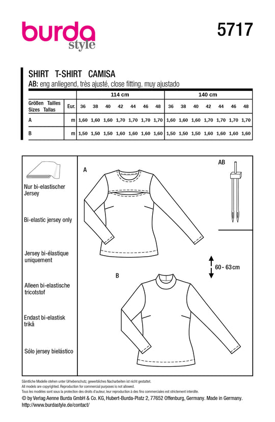 Burda Schnittmuster 5717 – Damen Basic Langarmshirts für Einsteiger