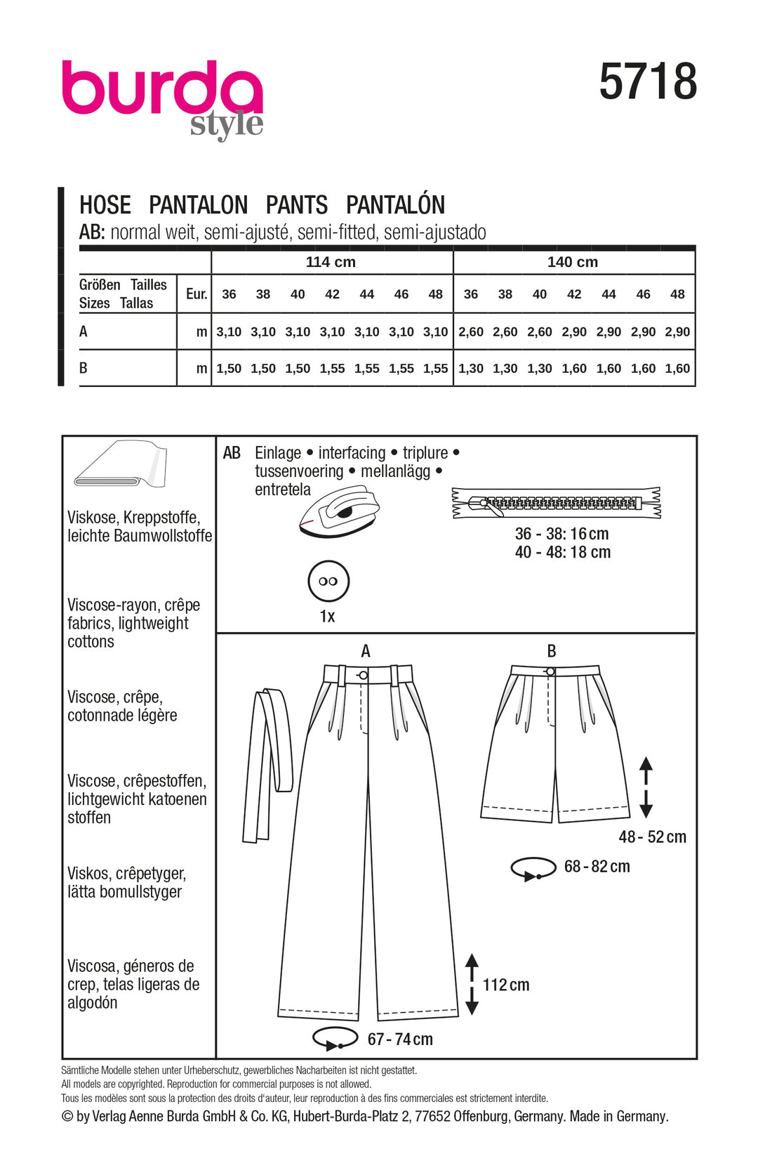 Burda Schnittmuster 5718 Damen Marlenehose mit Hüftpassentaschen & Shorts mit tiefen Taschen