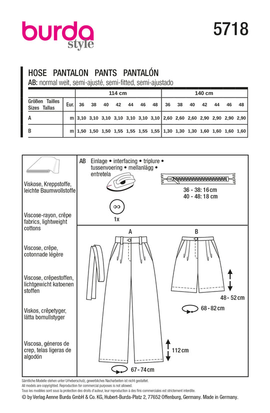 Burda Schnittmuster 5718 Damen Marlenehose mit Hüftpassentaschen & Shorts mit tiefen Taschen