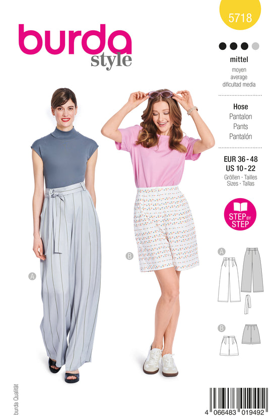 Burda Schnittmuster 5718 Damen Marlenehose mit Hüftpassentaschen & Shorts mit tiefen Taschen