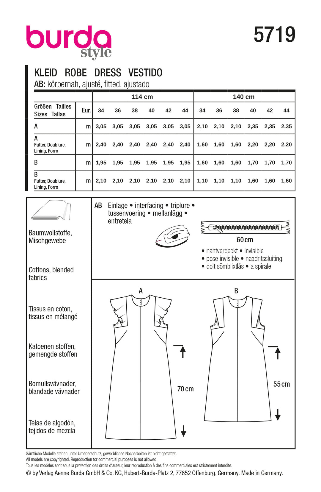 Burda Schnittmuster 5719 Damen Sommerkleider mit Flügelärmel & ärmelloses Midikleid