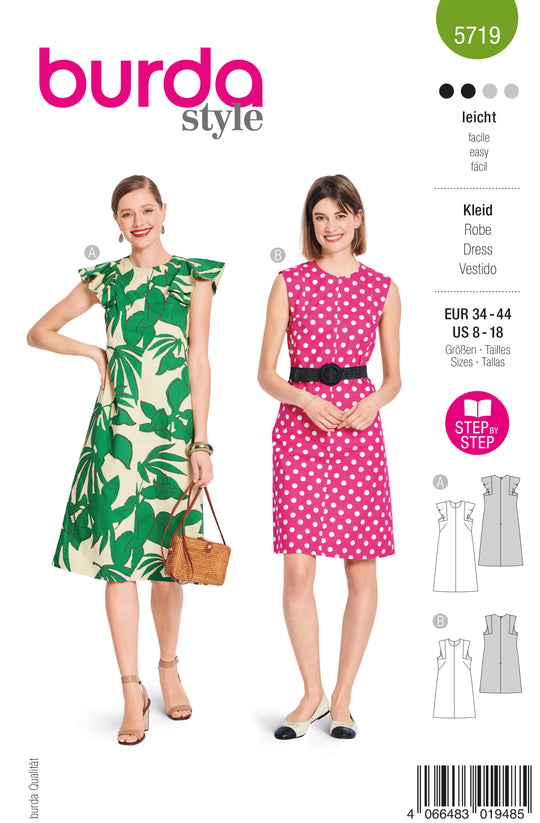Burda Schnittmuster 5719 Damen Sommerkleider mit Flügelärmel & ärmelloses Midikleid