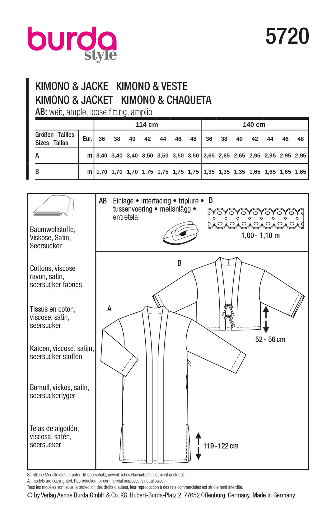 Burda Schnittmuster 5720 Damen Kimono mit Bindeband aus Satin & Jacke mit weiten Ärmeln