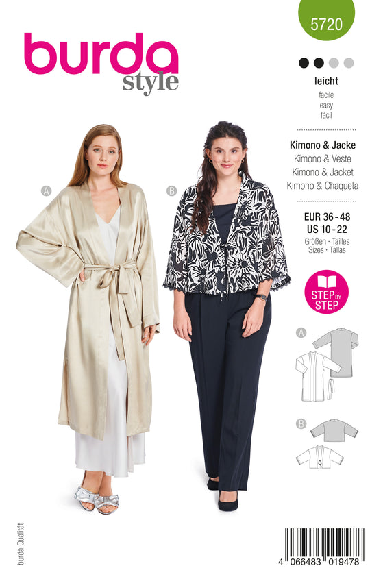 Burda Schnittmuster 5720 Damen Kimono mit Bindeband aus Satin & Jacke mit weiten Ärmeln