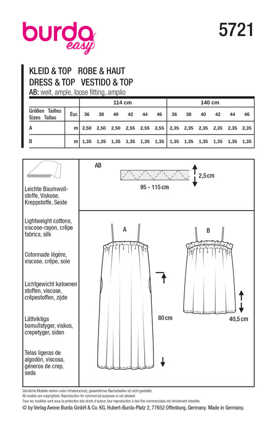 Burda Schnittmuster 5721 Damen Trägerkleid mit Nahttaschen & Top mit gesmoktem Ausschnitt und Spaghettiträgern