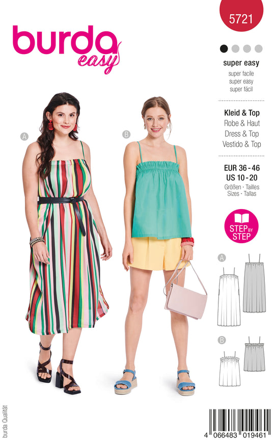 Burda Schnittmuster 5721 Damen Trägerkleid mit Nahttaschen & Top mit gesmoktem Ausschnitt und Spaghettiträgern