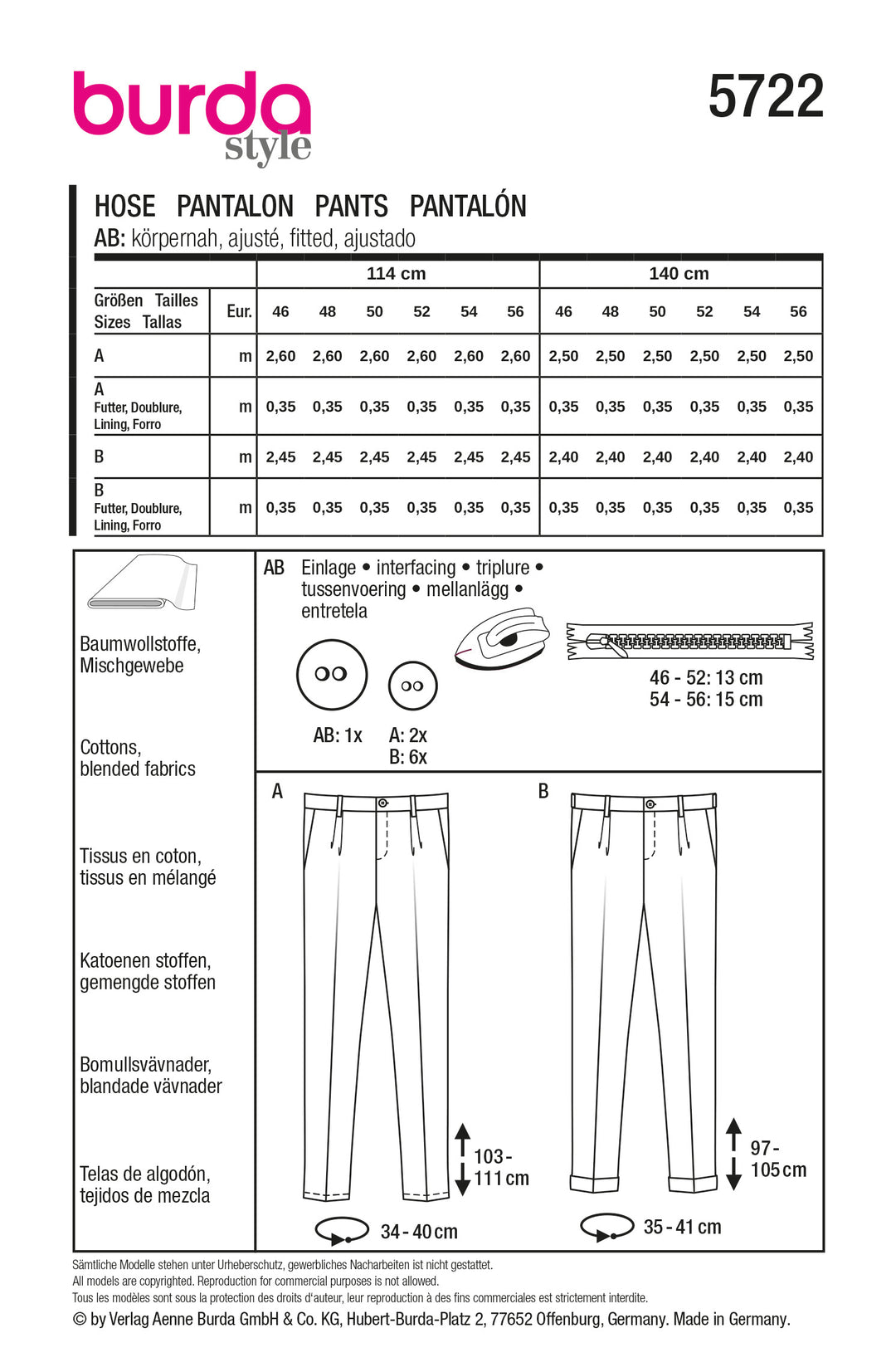 Burda Schnittmuster 5722 Herren Hosen Bundfaltehose & Anzughose