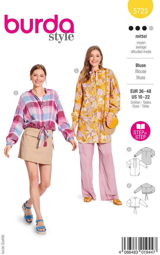 Burda Schnittmuster 5723 Damen Bluse mit Print und Pailettenband , Blusenjacke mit verdeckter Knopfleiste