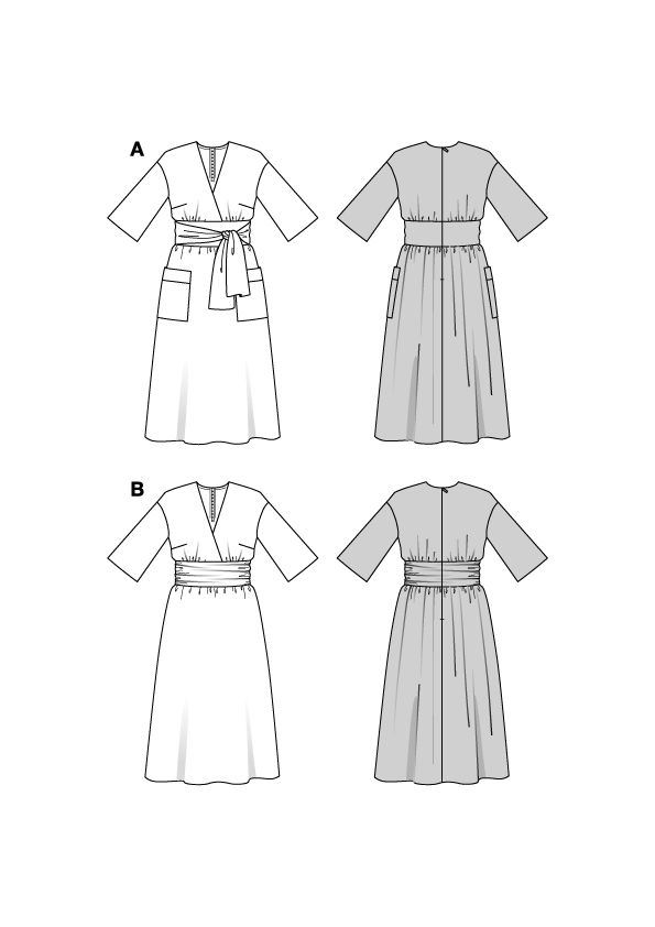 Burda Schnittmuster 5724 Damen Midikleid mit Wickeleffekt und Kleid mit Kummerbundoptik in Viskose