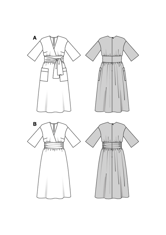 Burda Schnittmuster 5724 Damen Midikleid mit Wickeleffekt und Kleid mit Kummerbundoptik in Viskose