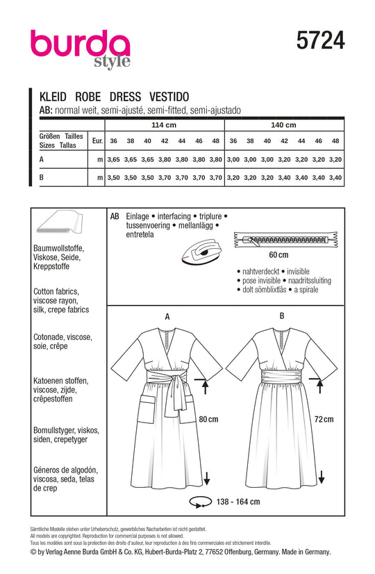 Burda Schnittmuster 5724 Damen Midikleid mit Wickeleffekt und Kleid mit Kummerbundoptik in Viskose