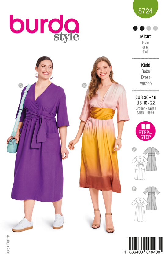 Burda Schnittmuster 5724 Damen Midikleid mit Wickeleffekt und Kleid mit Kummerbundoptik in Viskose