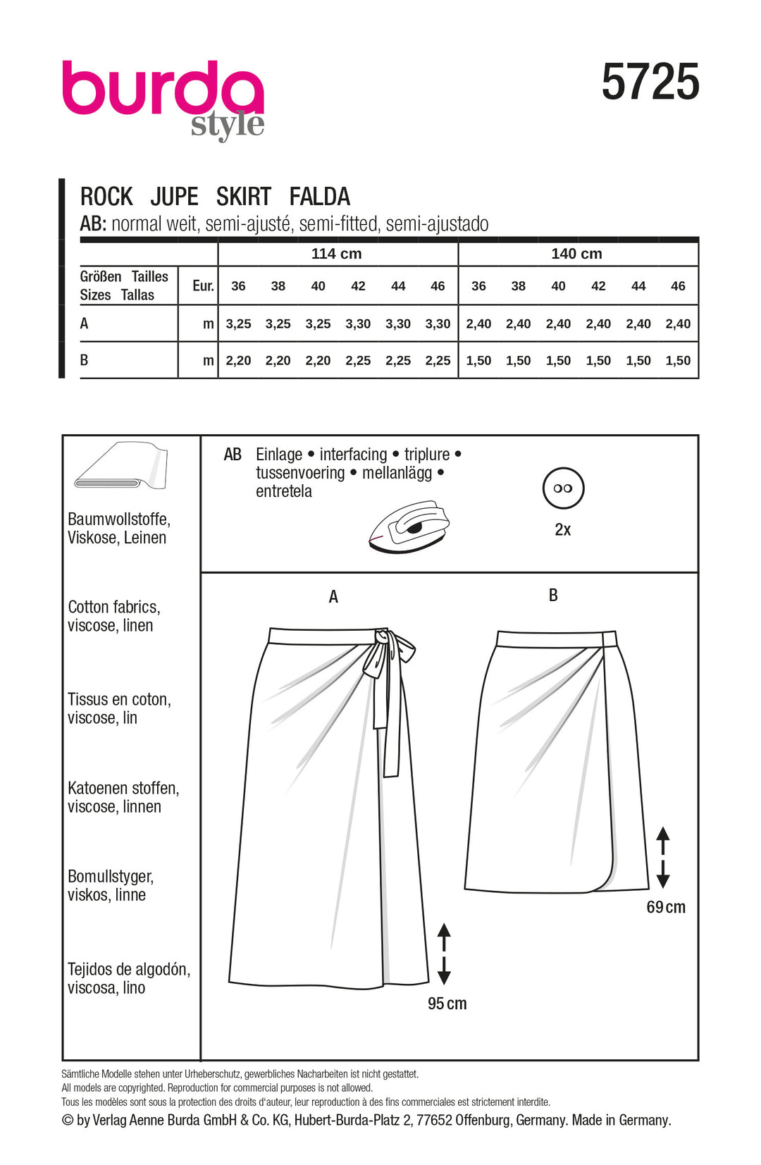 Burda Schnittmuster 5725 Damen Wickelröcke im Saristil mit Bindebändern, mit Bund und asymmetrischen Falten
