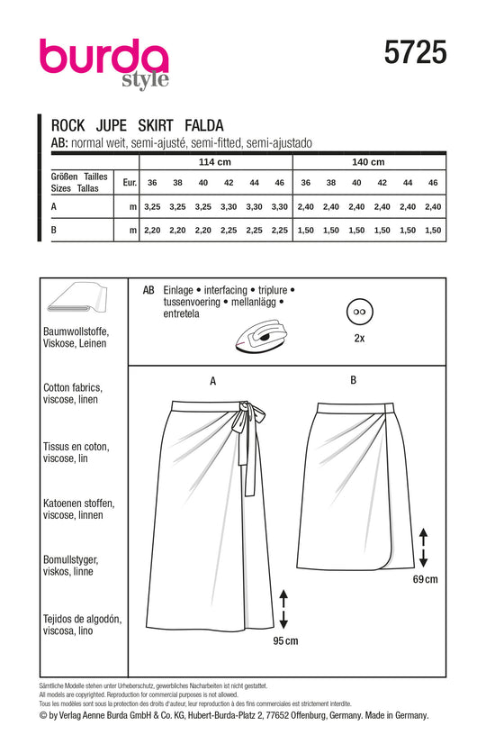 Burda Schnittmuster 5725 Damen Wickelröcke im Saristil mit Bindebändern, mit Bund und asymmetrischen Falten