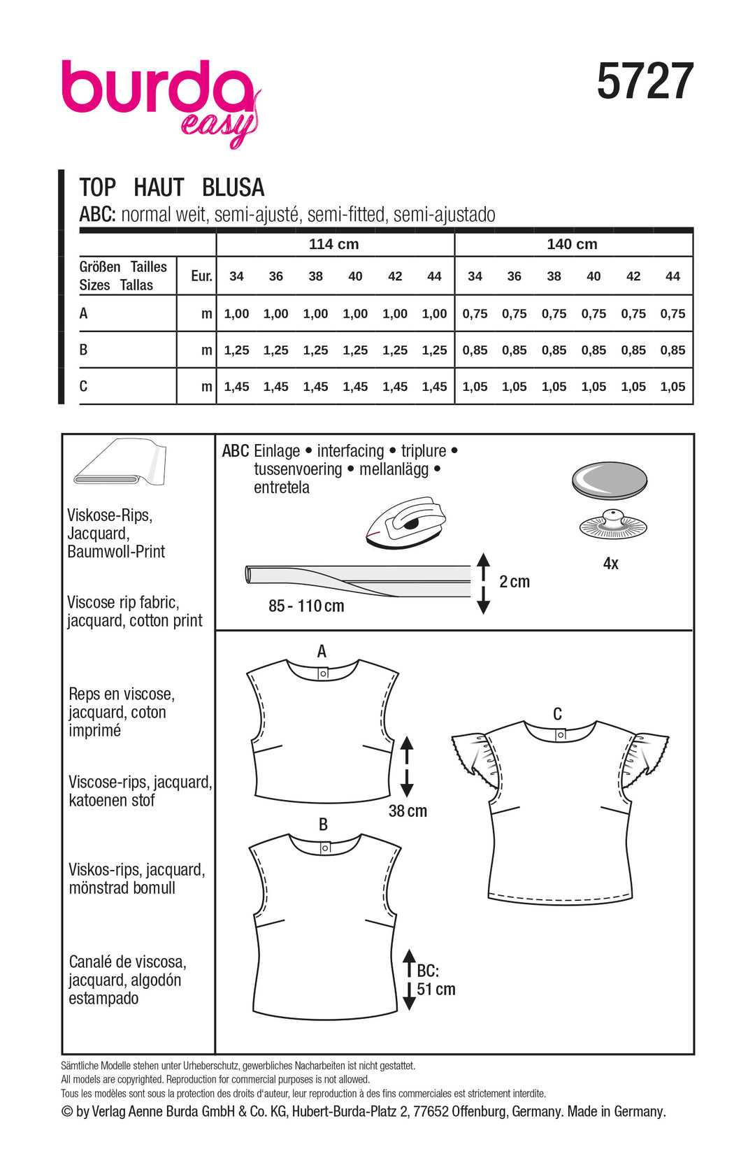 Burda Schnittmuster 5727  Damen bauchfreies Top aus Jacquard, Blusenshirt mit Druckknopfleiste und Sommershirt aus Popeline mit Flügelärmel