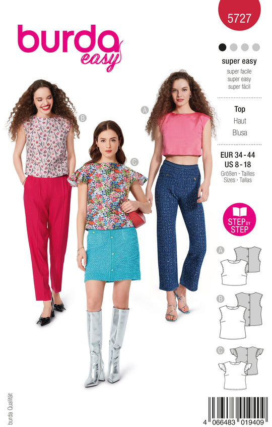 Burda Schnittmuster 5727  Damen bauchfreies Top aus Jacquard, Blusenshirt mit Druckknopfleiste und Sommershirt aus Popeline mit Flügelärmel