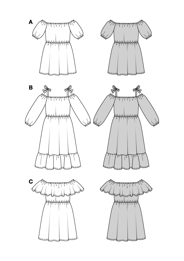 Burda Schnittmuster 5728 Damen Kleider Minikleid mit Gummizug, Midikleid mit Bindeträgern und ärmelloses Kleid mit Rüsche