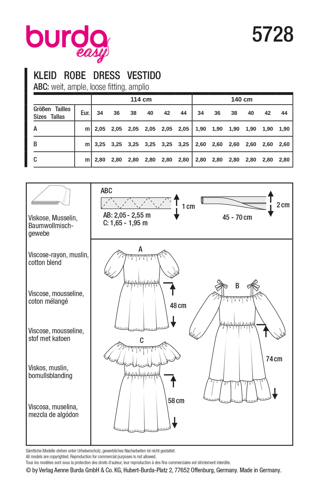 Burda Schnittmuster 5728 Damen Kleider Minikleid mit Gummizug, Midikleid mit Bindeträgern und ärmelloses Kleid mit Rüsche
