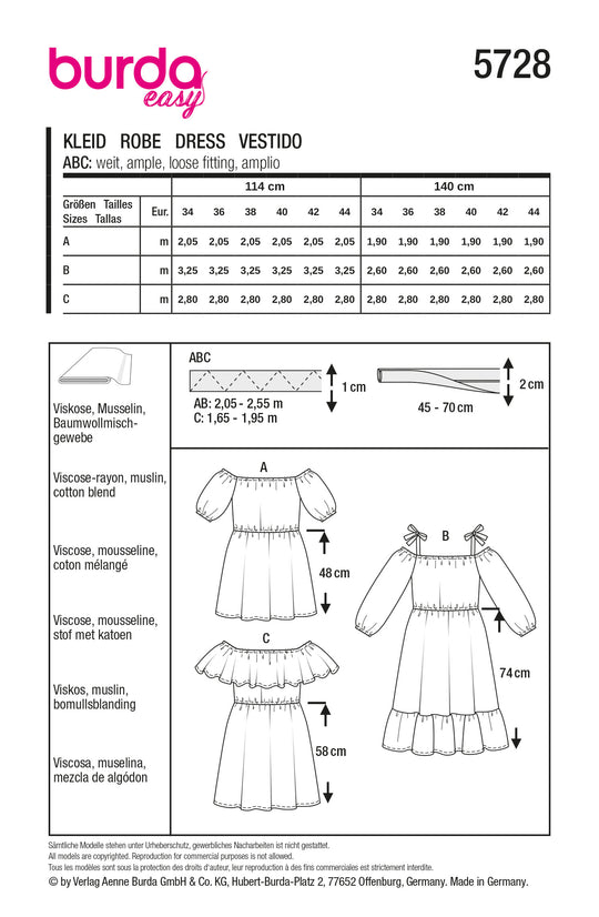 Burda Schnittmuster 5728 Damen Kleider Minikleid mit Gummizug, Midikleid mit Bindeträgern und ärmelloses Kleid mit Rüsche