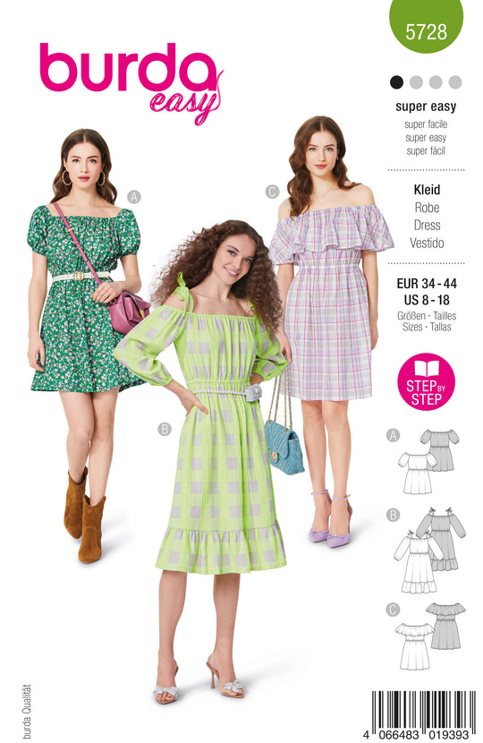 Burda Schnittmuster 5728 Damen Kleider Minikleid mit Gummizug, Midikleid mit Bindeträgern und ärmelloses Kleid mit Rüsche