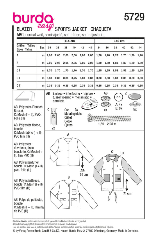 Burda Schnittmuster 5729 Damen Blazer aus Boucle, Flanelljacke im Grungestil und Jacke aus PVC