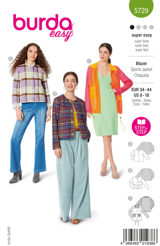 Burda Schnittmuster 5729 Damen Blazer aus Boucle, Flanelljacke im Grungestil und Jacke aus PVC