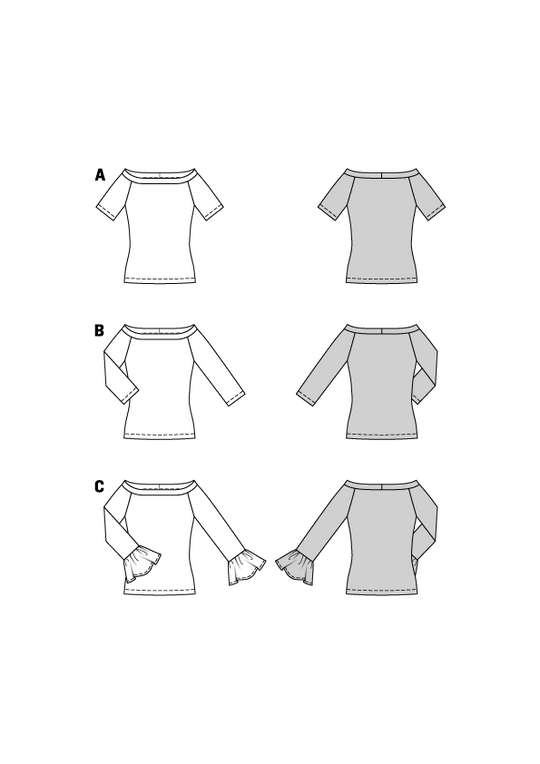 Burda Schnittmuster 5730 Damen Shirts mit weitem Ausschnitt, Herzchenmuster und Volants
