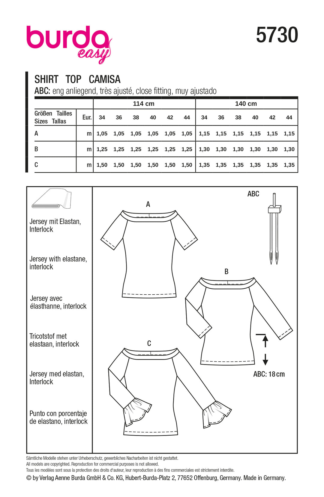Burda Schnittmuster 5730 Damen Shirts mit weitem Ausschnitt, Herzchenmuster und Volants