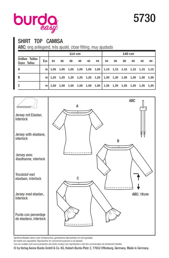 Burda Schnittmuster 5730 Damen Shirts mit weitem Ausschnitt, Herzchenmuster und Volants