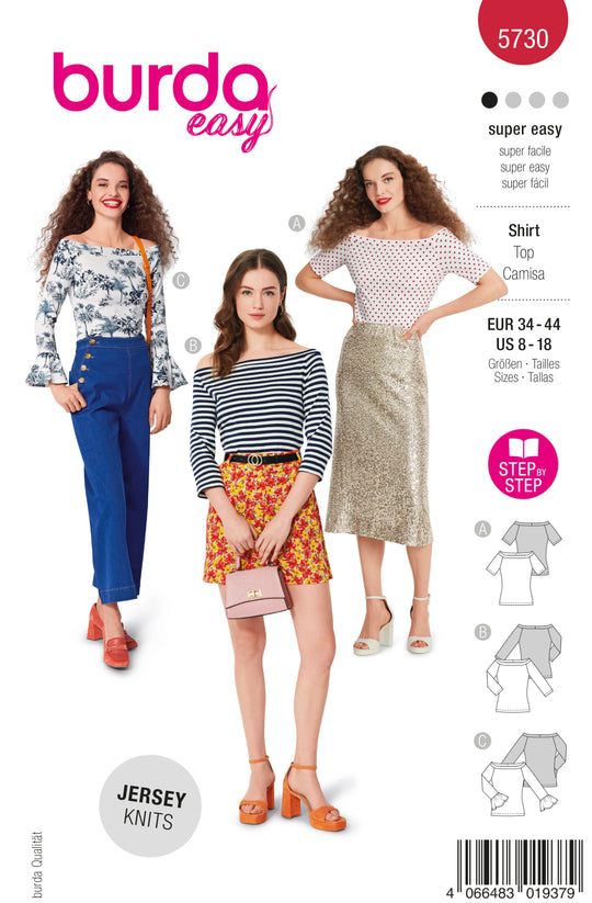 Burda Schnittmuster 5730 Damen Shirts mit weitem Ausschnitt, Herzchenmuster und Volants