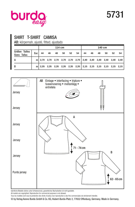 Burda Schnittmuster 5731 Damen Basic-Shirts mit Herz- und eckigem Ausschnitt