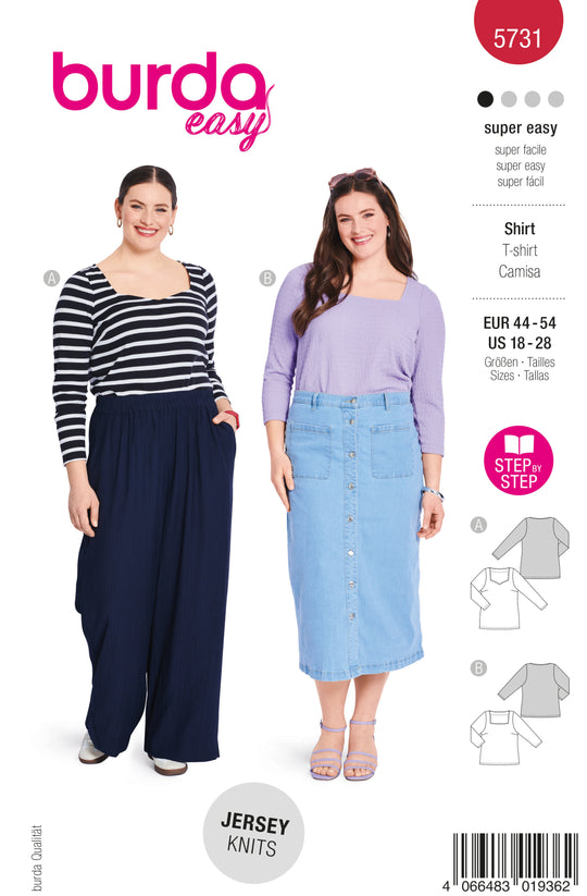 Burda Schnittmuster 5731 Damen Basic-Shirts mit Herz- und eckigem Ausschnitt