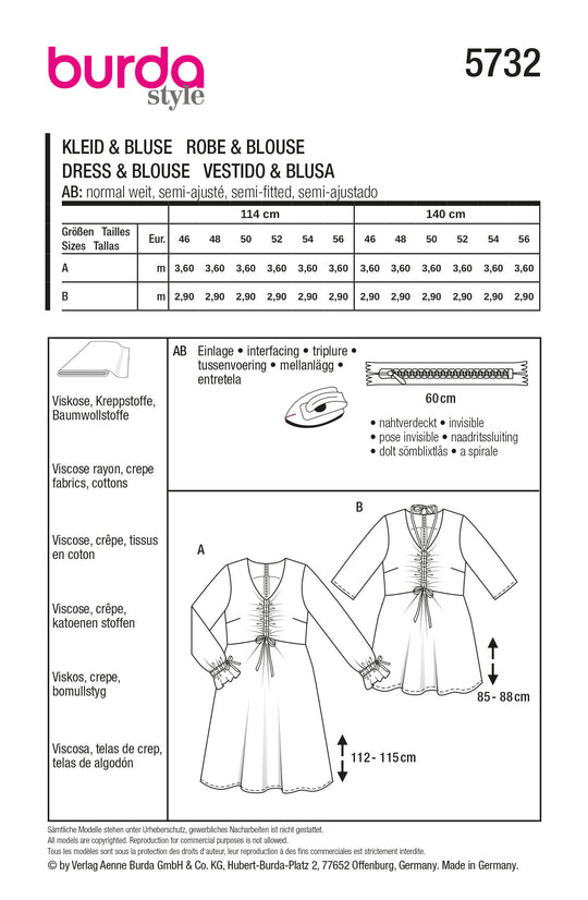 Burda Schnittmuster 5732 Damen Schlupfbluse und Tunikakleid