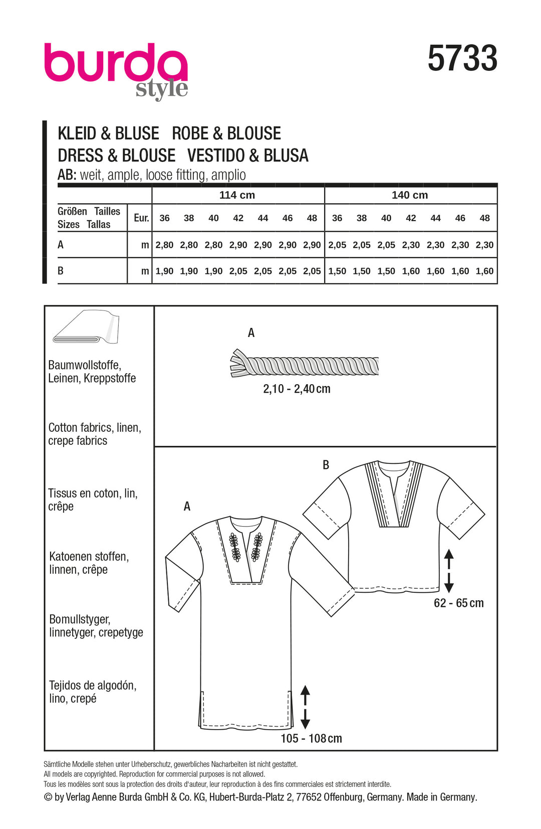 Burda Schnittmuster 5733 Damen Tunikakleid mit Stickerei, Bluse mit Kachelmuster und Biesen