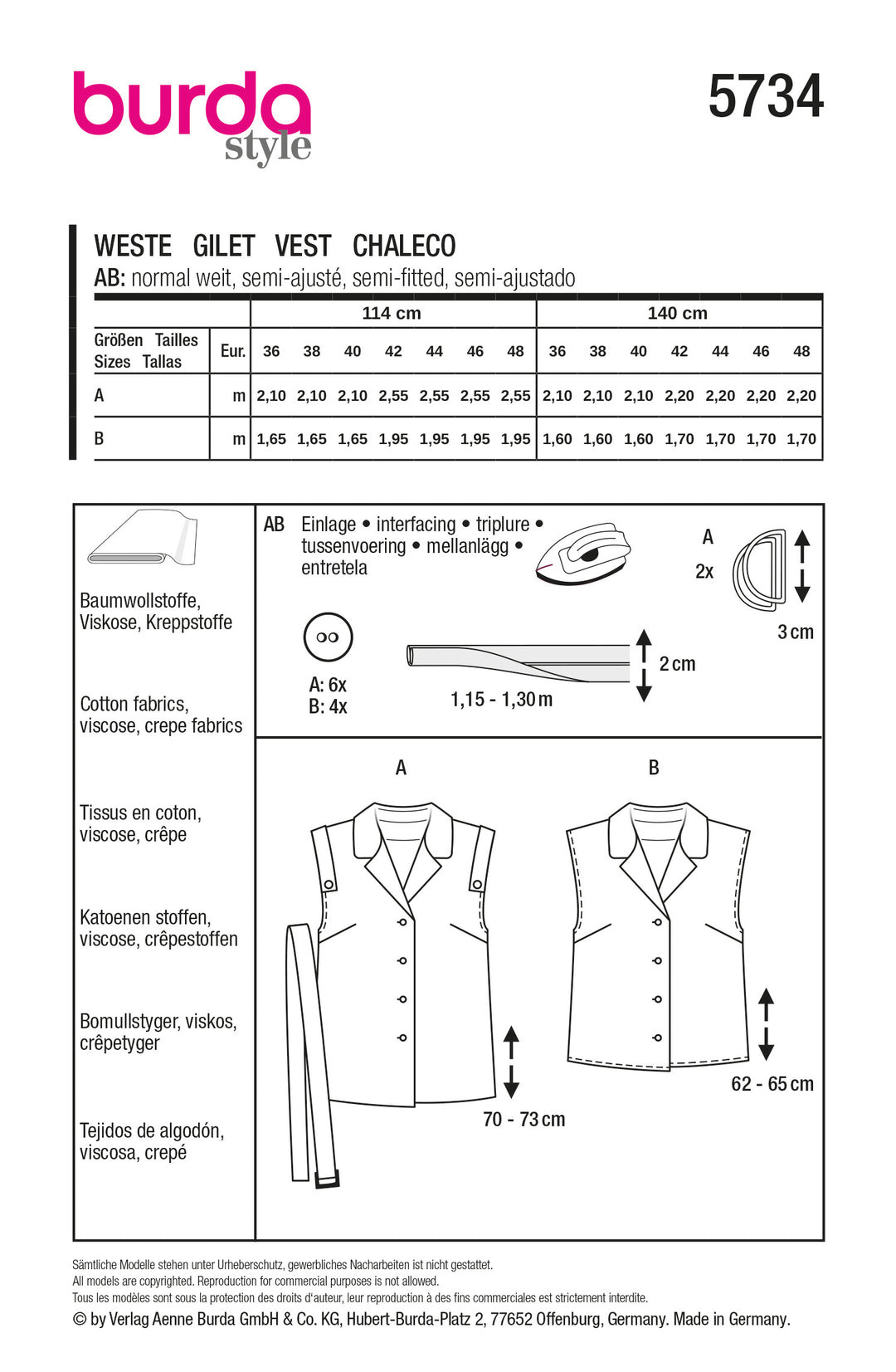 Burda Schnittmuster 5734 Damen Westen mit Gürtel & Bluse mit kleinem Reverskragen