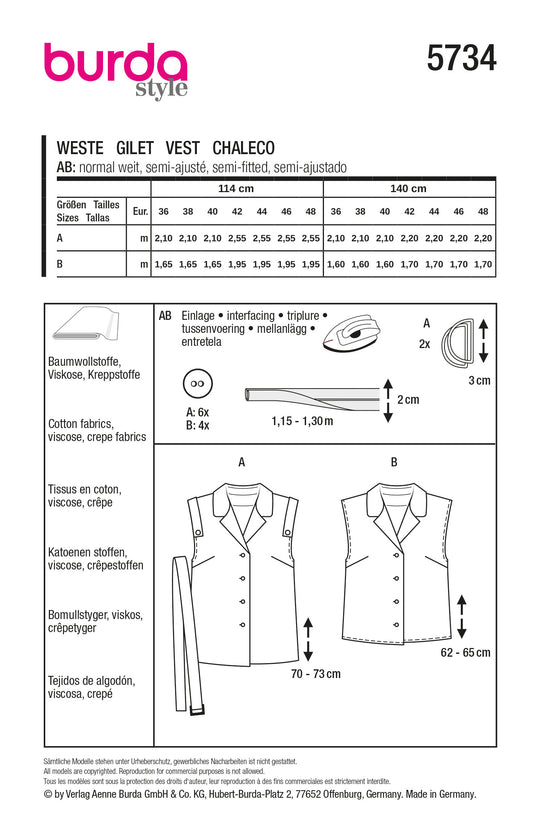 Burda Schnittmuster 5734 Damen Westen mit Gürtel & Bluse mit kleinem Reverskragen