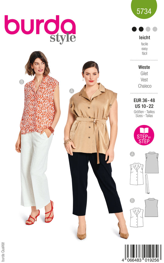 Burda Schnittmuster 5734 Damen Westen mit Gürtel & Bluse mit kleinem Reverskragen